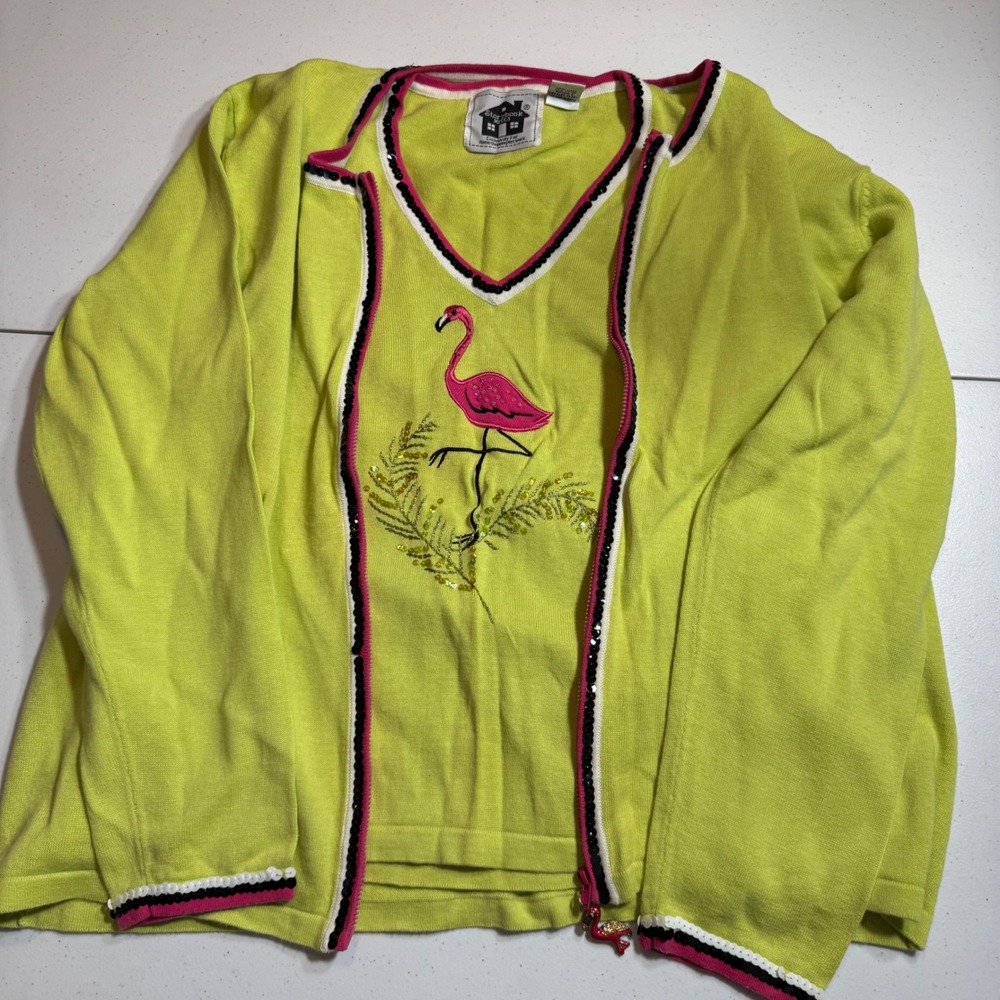 Storybook Knits Flamingo Cardigan Tank Top Set Lime Green Sequin Trim‎ Large EUC